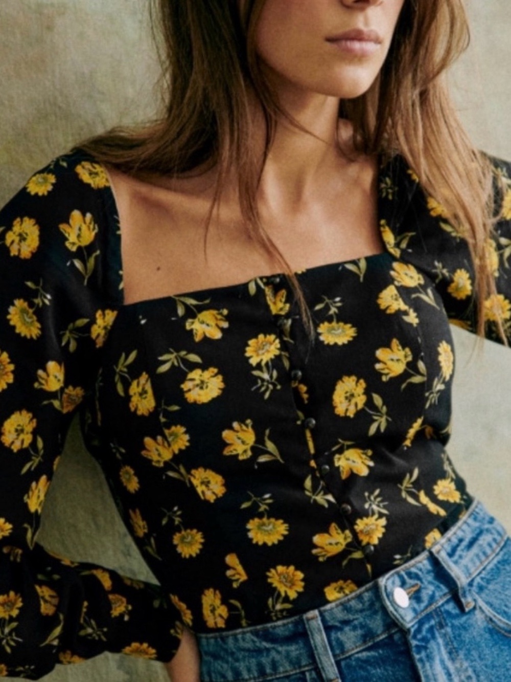 Sézane Annalise Floral Blouse Size 40 Black Yellow Square Neck Long Sleeve Top